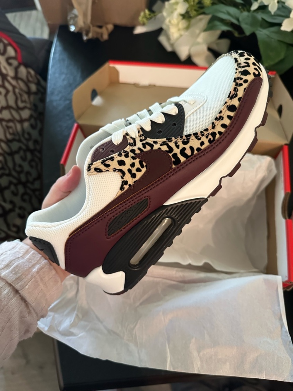 Nike Women’s Sneaker in White, Burgundy & Leopard